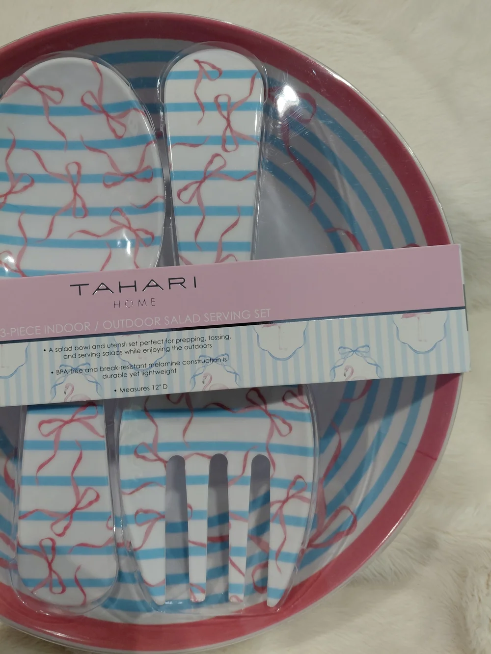 NWT Tahari Pink & Blue Striped Salad Serving Set
